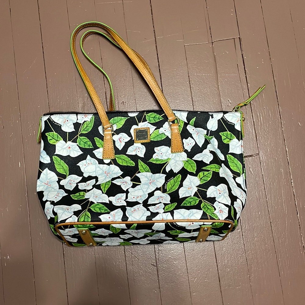 Dooney & Bourke shopper tote leather bag black with white flowers